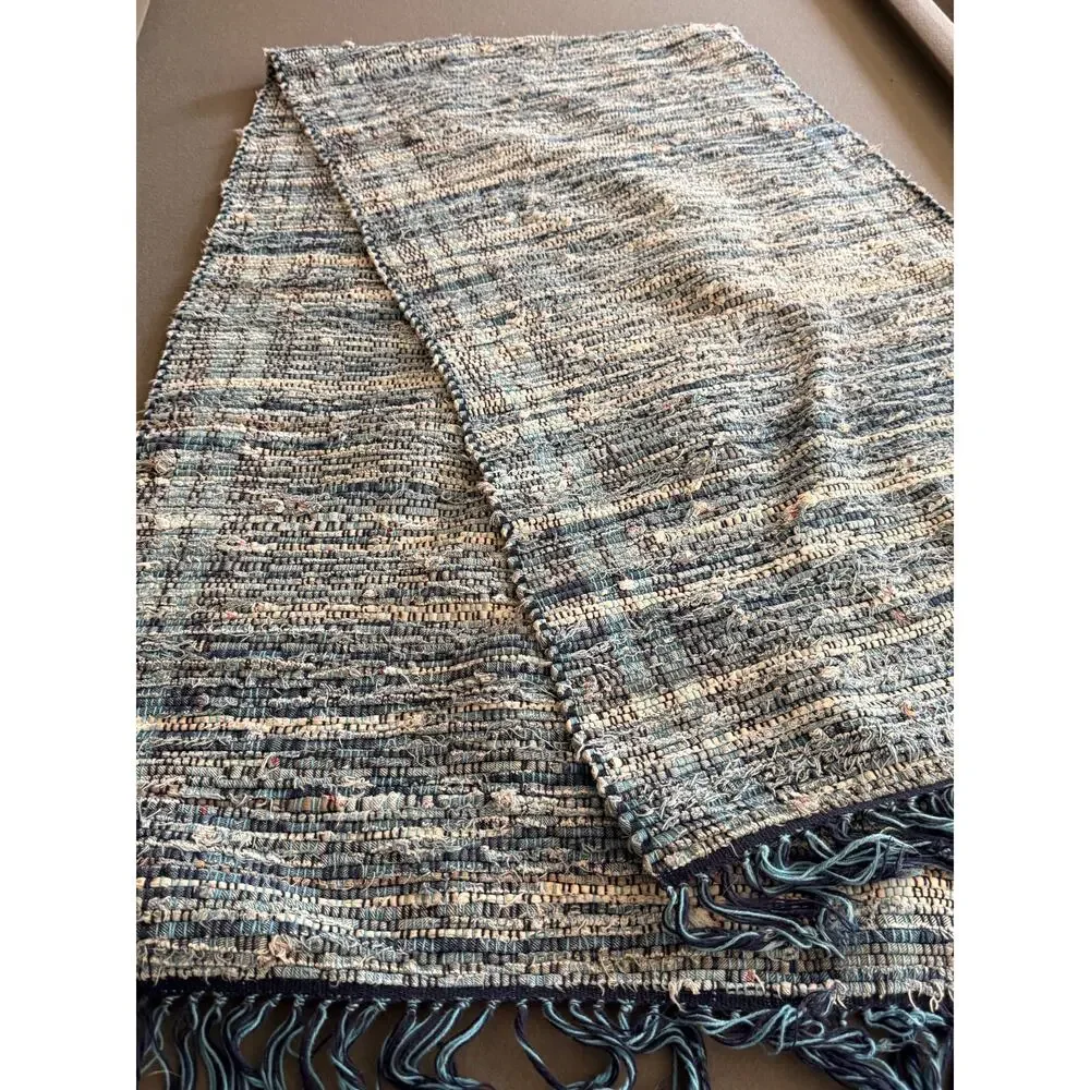 Denim Blue Woven Rag Rug Runner Farmhouse Boho Fringe Reversible 90x24